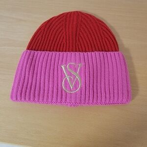 Victoria's Secret Red and Pink Knit Beanie with Gold Logo